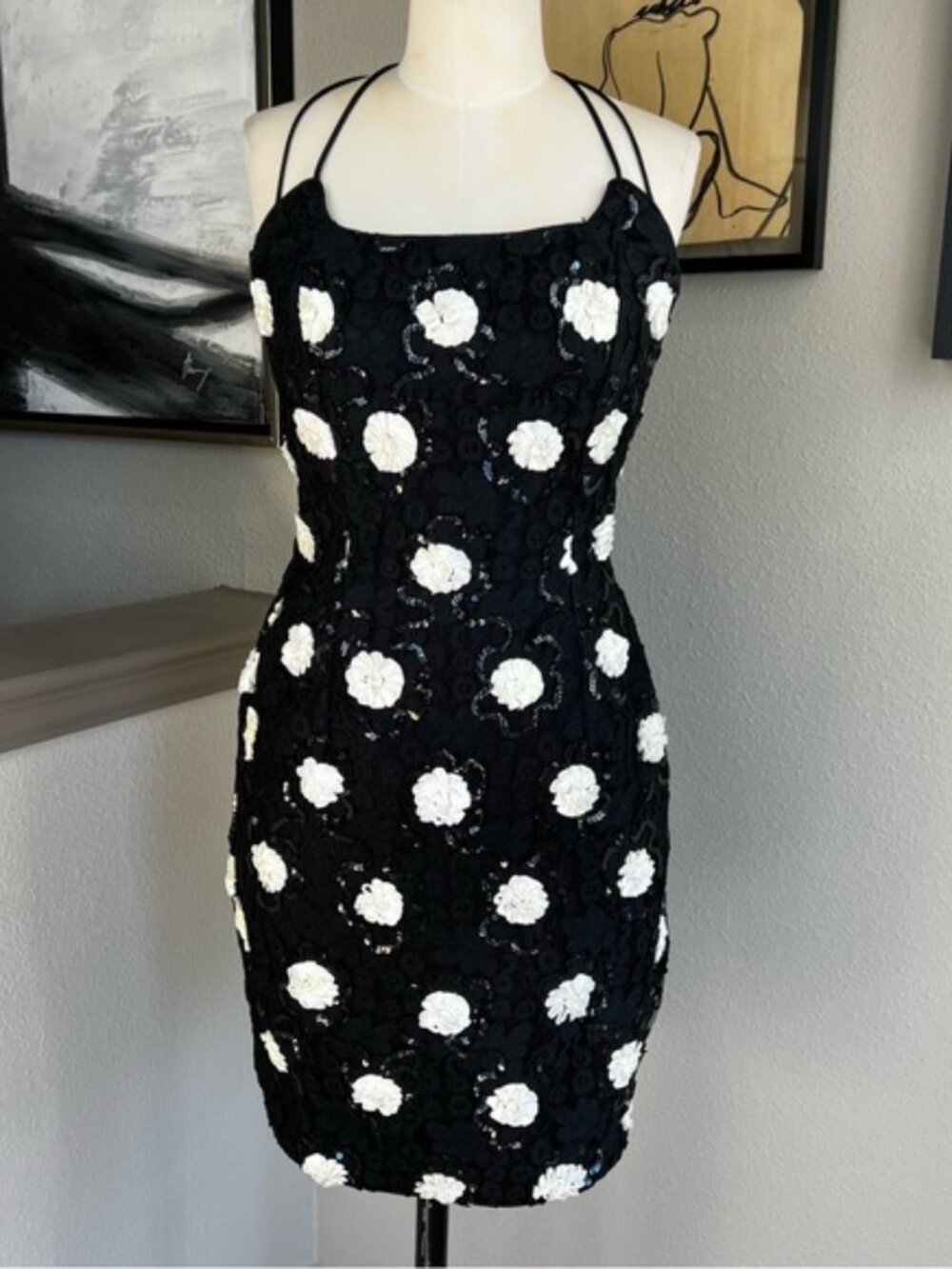 VINTAGE JESSICA MCCLINTOCK black white polka dot lace sequin cocktail dress